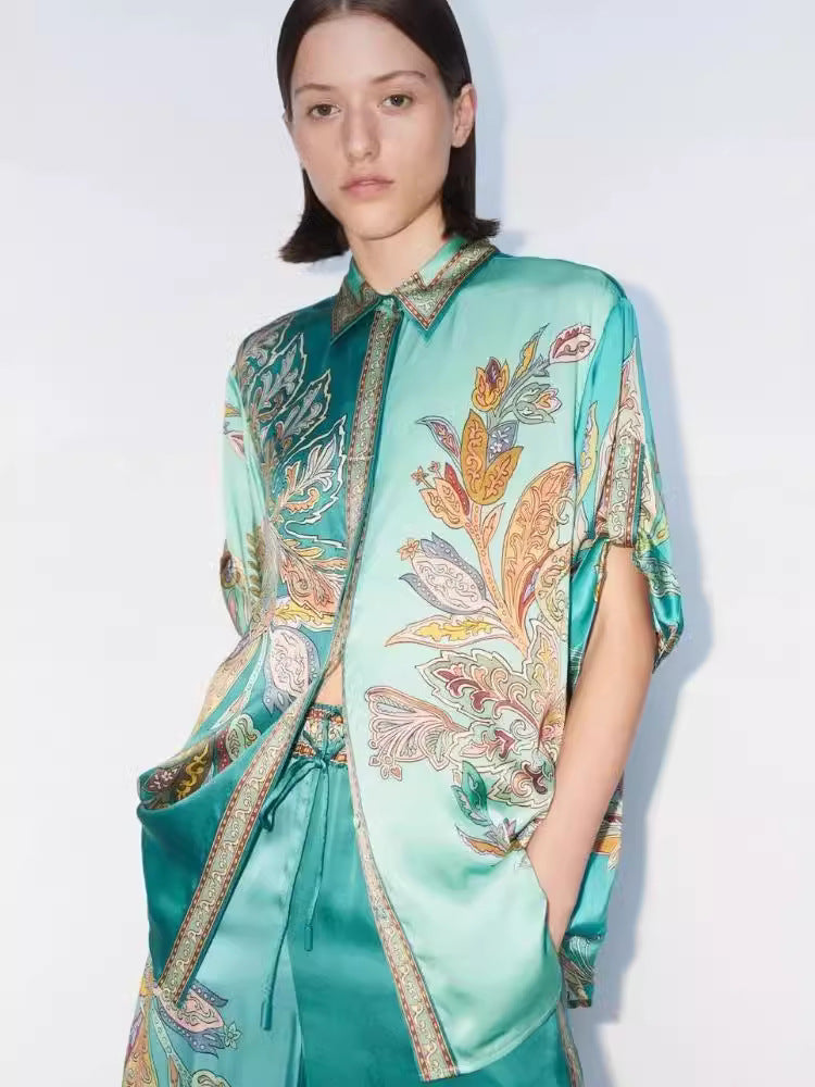 Satin Floral Print Shirt & Pants Set-Mesadic