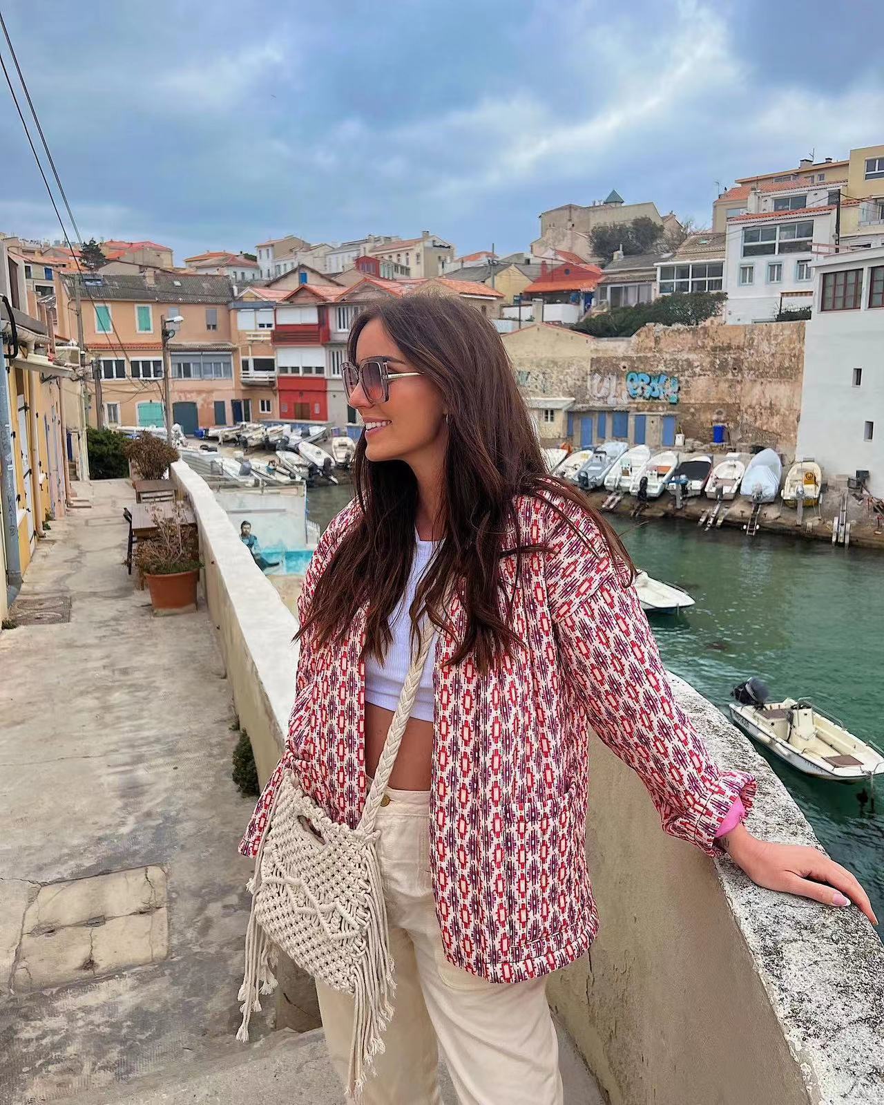 Geometric Pattern Floral Print Pockets Quilted Jacket-CALLISTARI