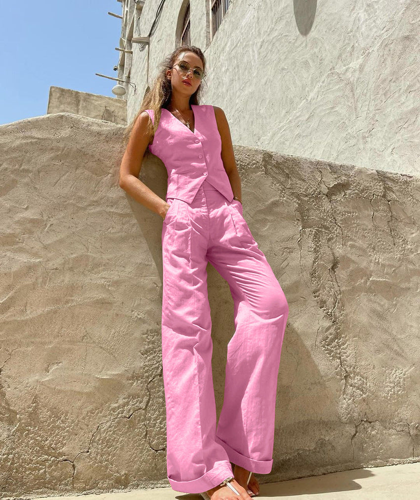 Cotton Slim Waistcoat Trousers Suit-Mesadic