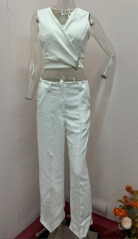 Women's Fashion Cross Slim Sleeveless Vest High Waist Wide Leg Pants Suit-CALLISTARI