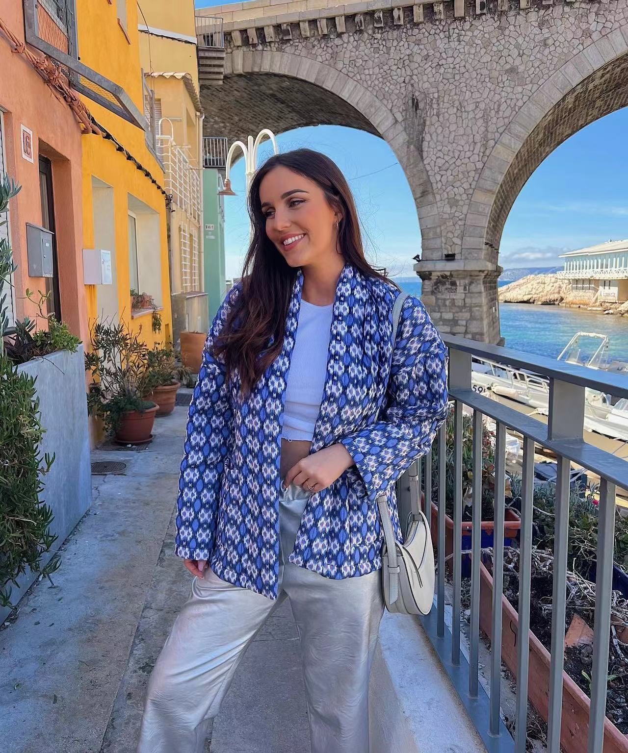 Geometric Pattern Floral Print Pockets Quilted Jacket-CALLISTARI