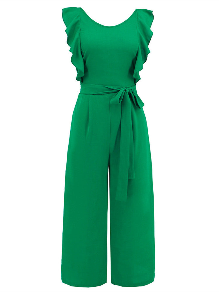 Ruffle Detail Belted Culotte Midi Straight Jumpsuit-CALLISTARI