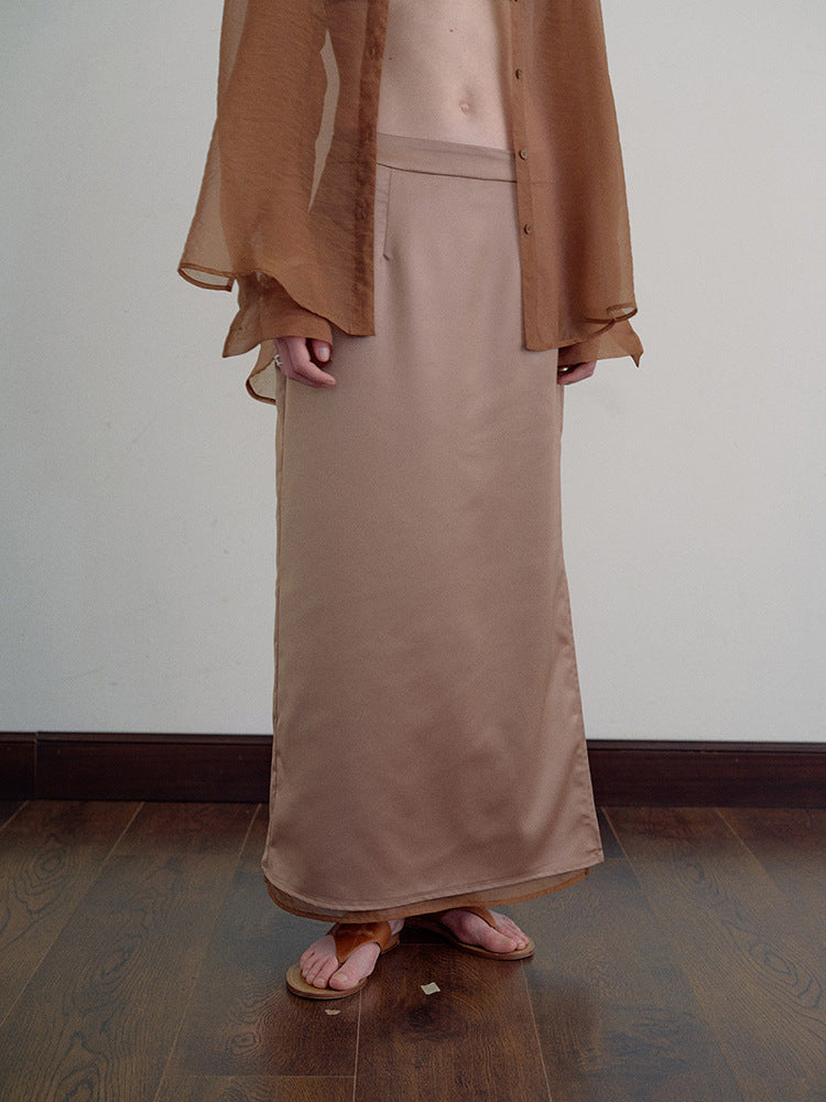 Double-Layer Satin Slit Skirt-CALLISTARI