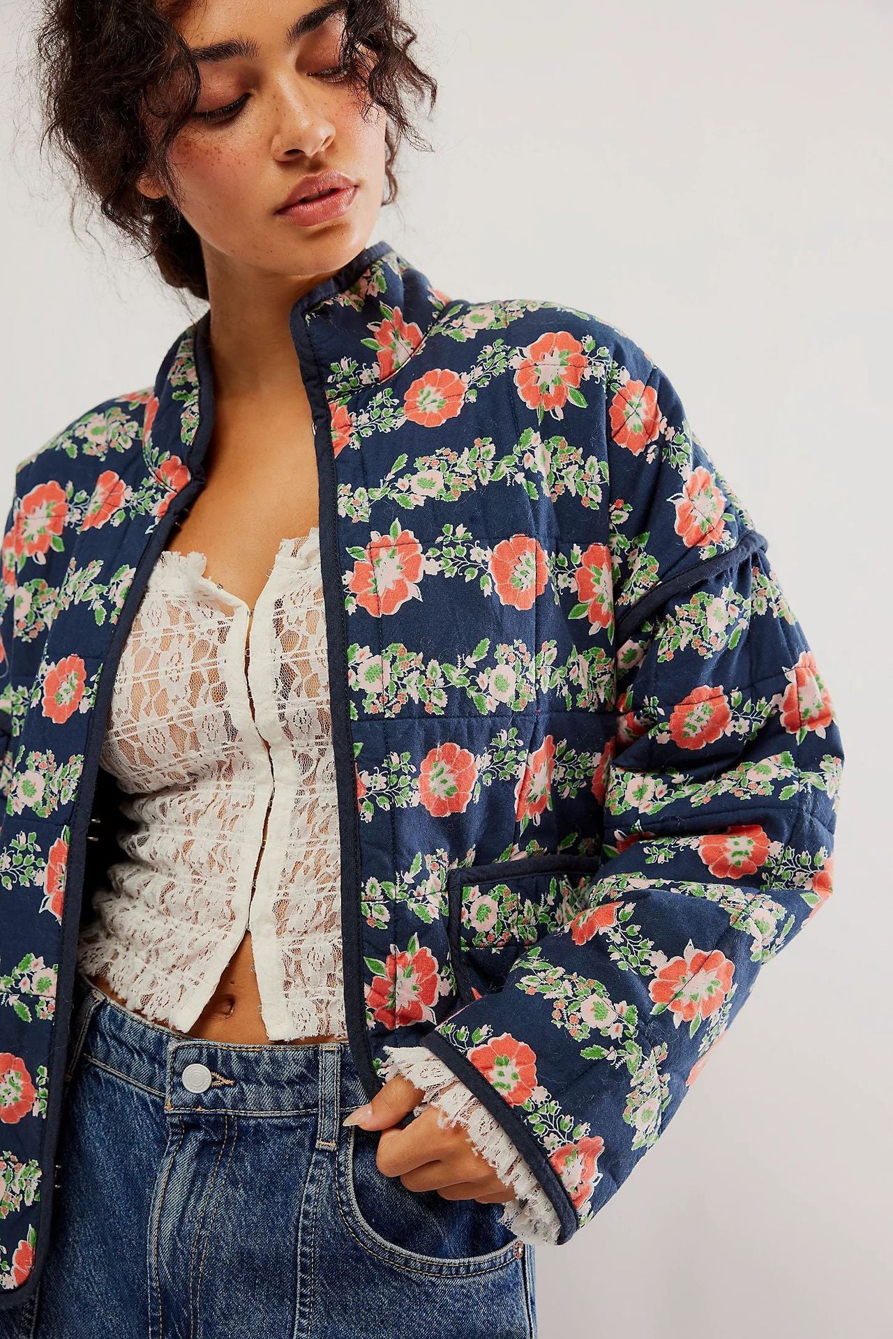 Flower Print Pocket Clip Cotton Drop Shoulder Jacket-CALLISTARI