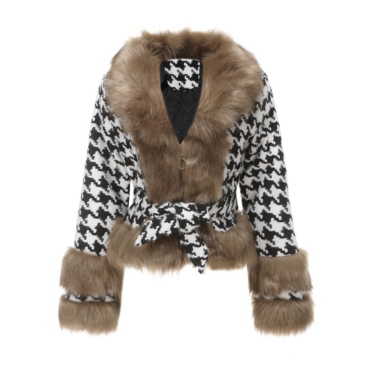 Women Autumn Winter Plaid Coat Detachable Short Fur Collar Tops Houndstooth-CALLISTARI