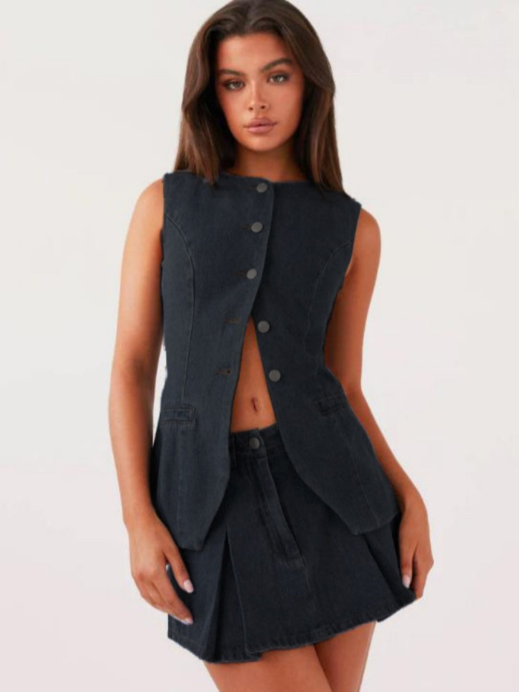 Casual Sleeveless High Waist Denim Set-Mesadic