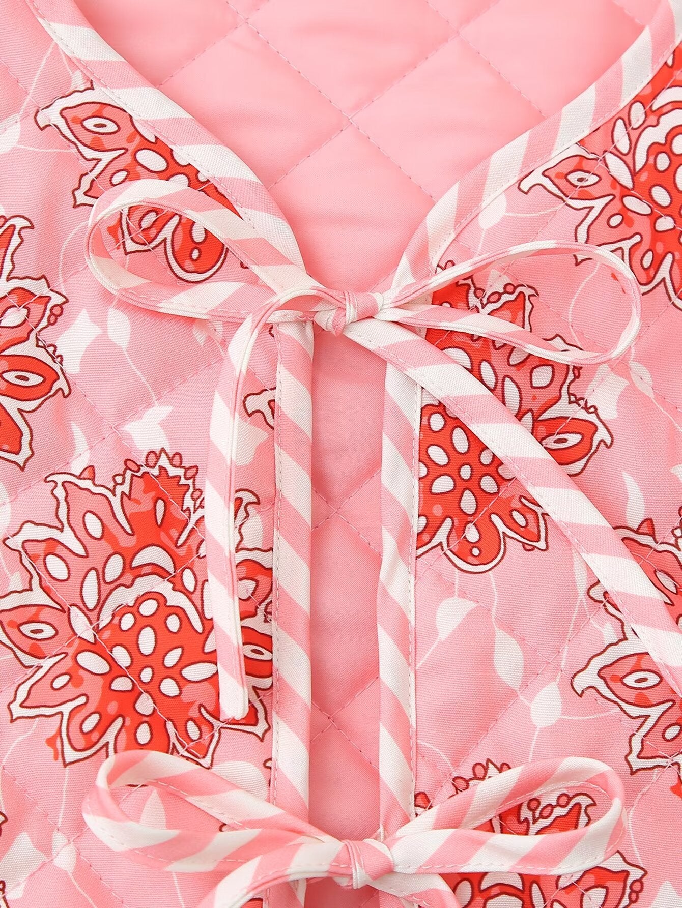 Pink Floral Print Lace-Up Quilted Thin Waistcoat-CALLISTARI