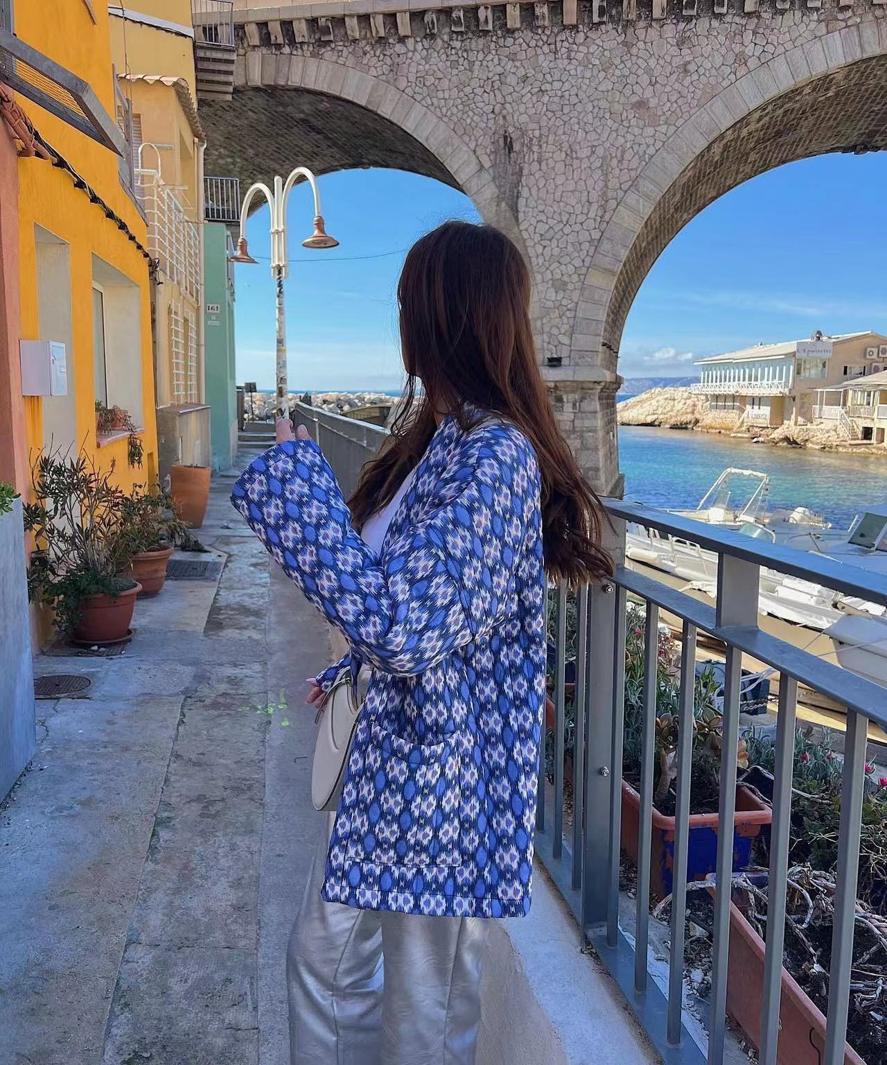 Geometric Pattern Floral Print Pockets Quilted Jacket-CALLISTARI