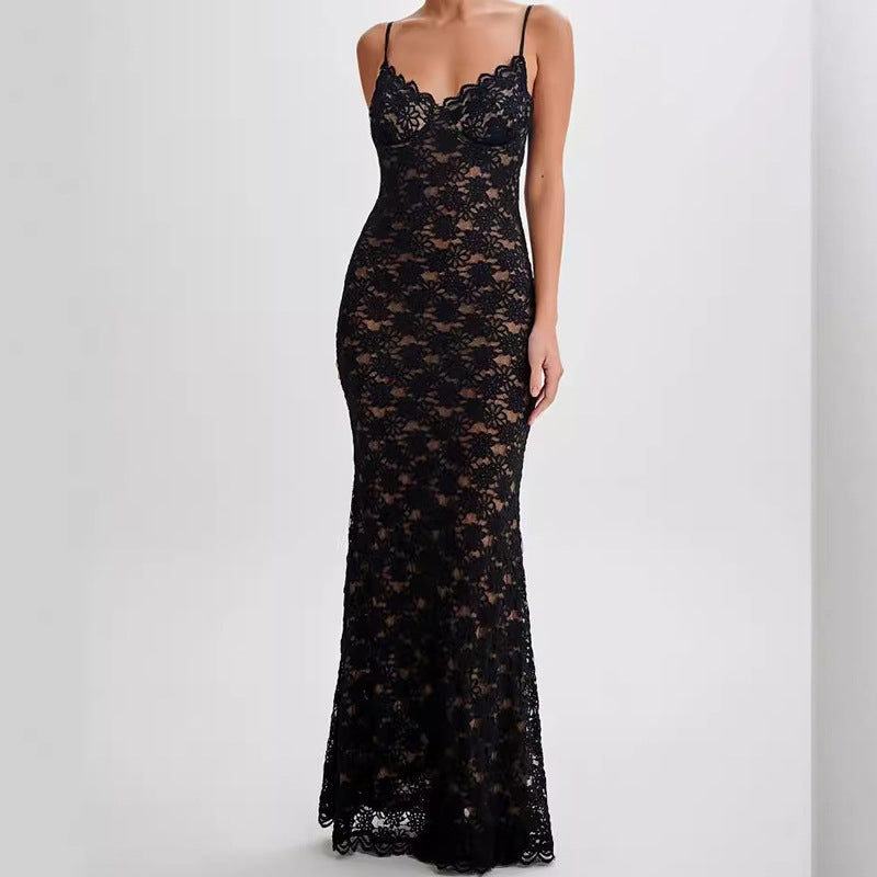 Gabriella Lace Slit Spaghetti Strap Dress-CALLISTARI