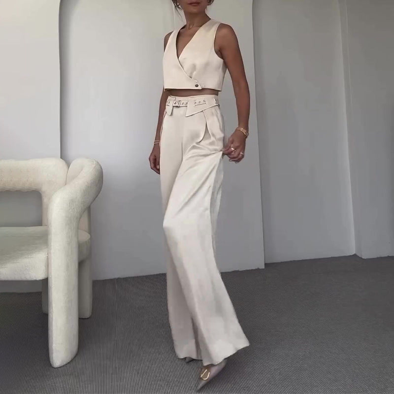 Women's Sleeveless V-neck Short Vest Top Straight-leg Pants Two-piece Set-CALLISTARI
