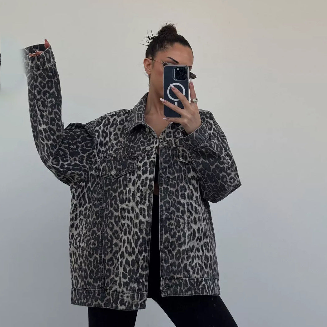 Vintage Street Casual Leopard Print Denim Jacket-CALLISTARI