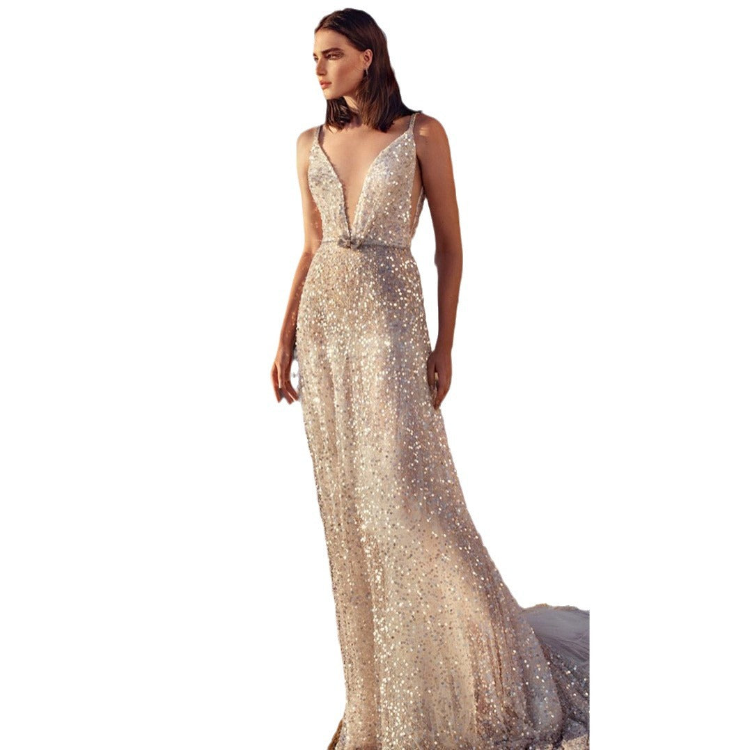 Women's Dress V-neck Sleeveless Waist Silver-CALLISTARI