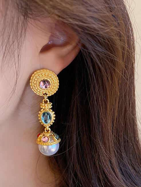 Retro Palace Style Gemstone Pearl Earrings-CALLISTARI