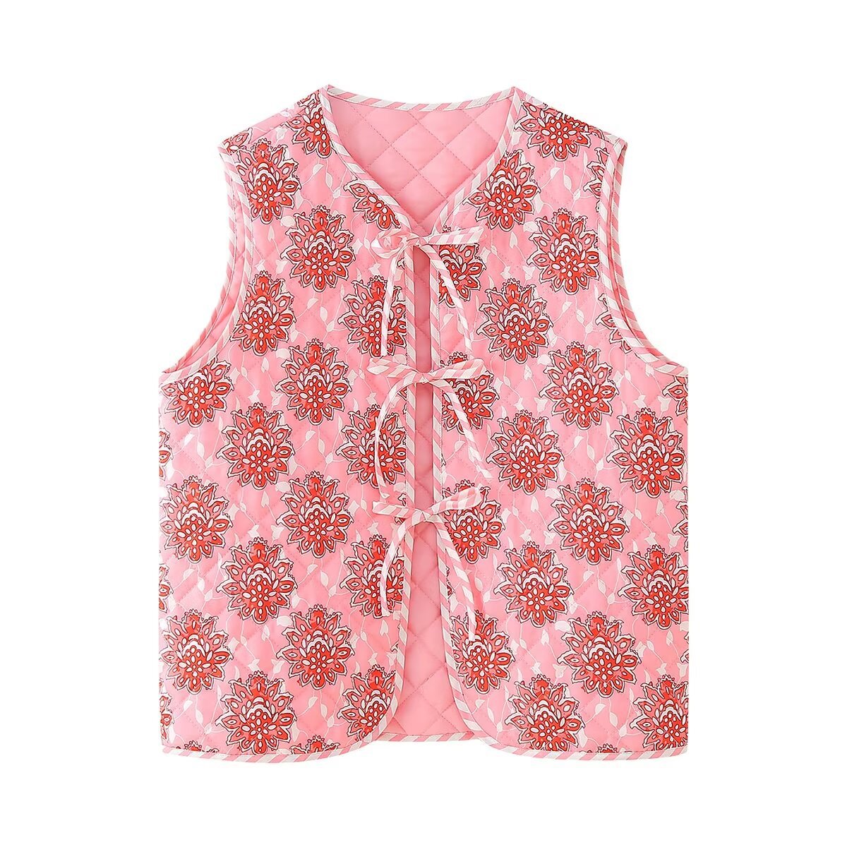Pink Floral Print Lace-Up Quilted Thin Waistcoat-CALLISTARI