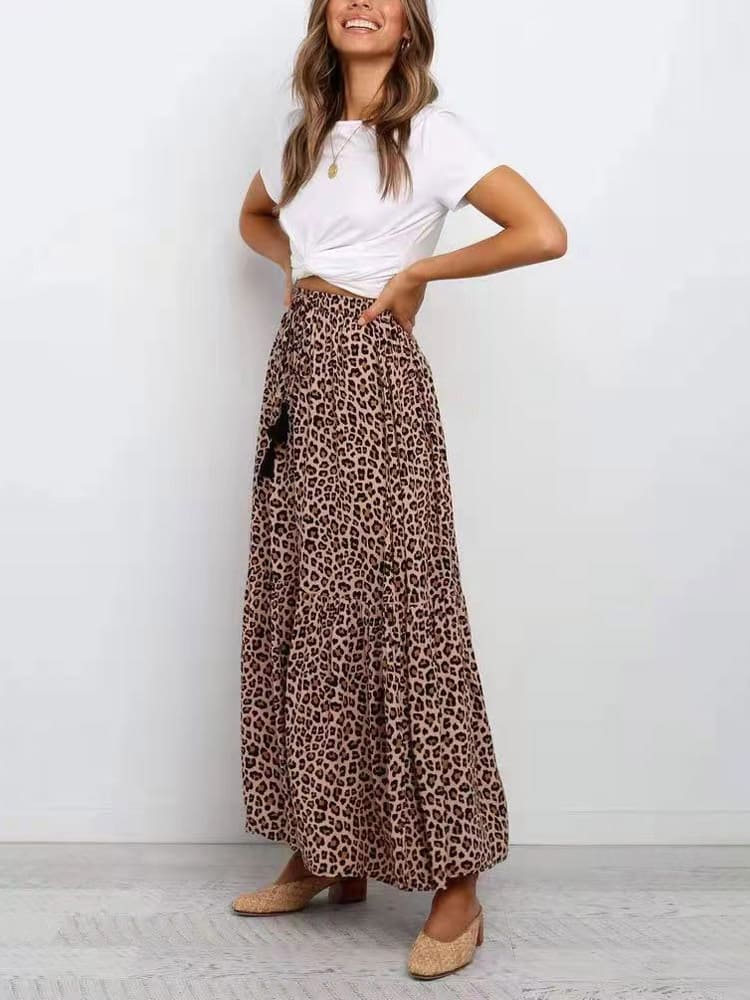 Brown Leopard Print Maxi Skirts-CALLISTARI
