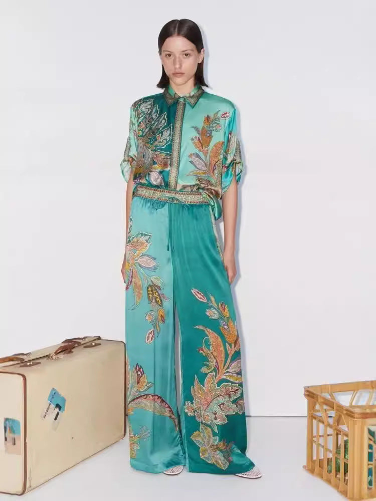 Satin Floral Print Shirt & Pants Set-Mesadic