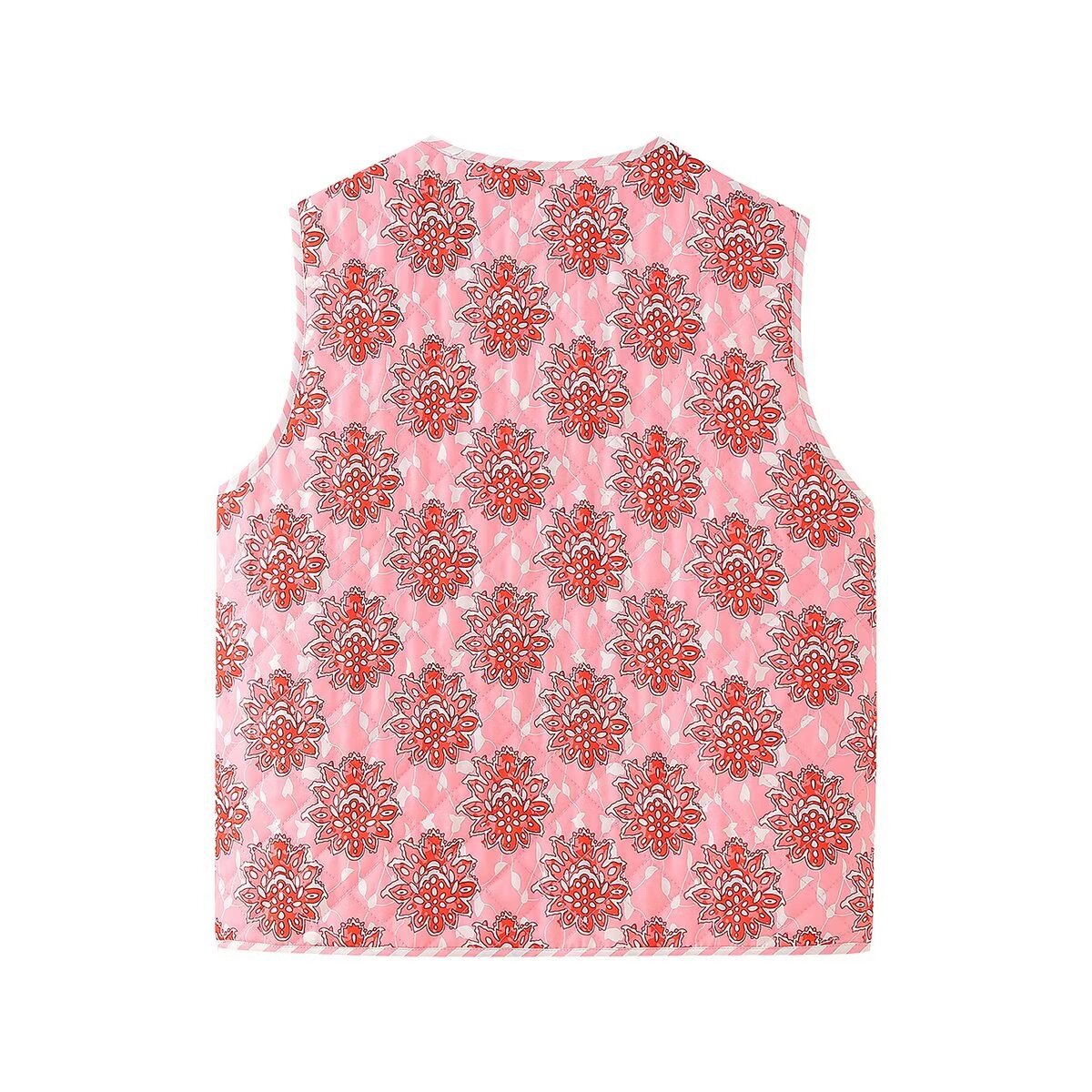 Pink Floral Print Lace-Up Quilted Thin Waistcoat-CALLISTARI