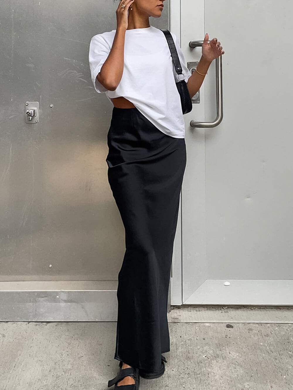 Black Long Satin High Waist Fishtail Skirt-CALLISTARI