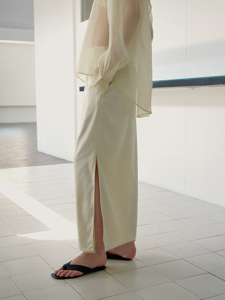 Double-Layer Satin Slit Skirt-CALLISTARI