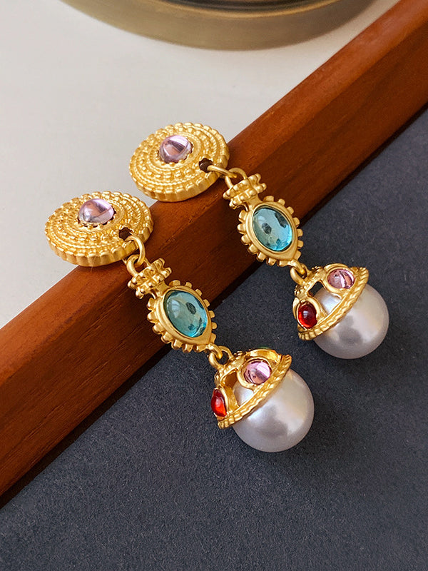 Retro Palace Style Gemstone Pearl Earrings-CALLISTARI