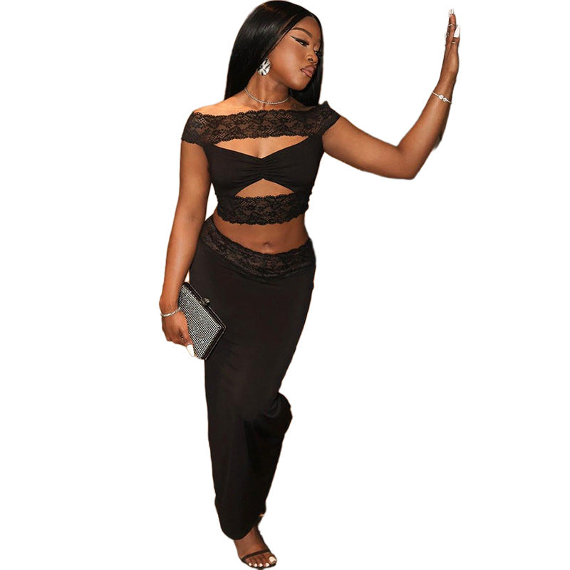 Street Ladies Hollow Lace Bare Midriff High Waist Suit-CALLISTARI