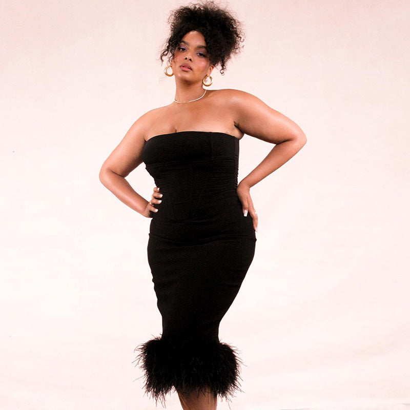 FRENCH STYLE FEATHER COCKTAIL STRAPLESS CORSET MIDI DRESS - BLACK-CALLISTARI