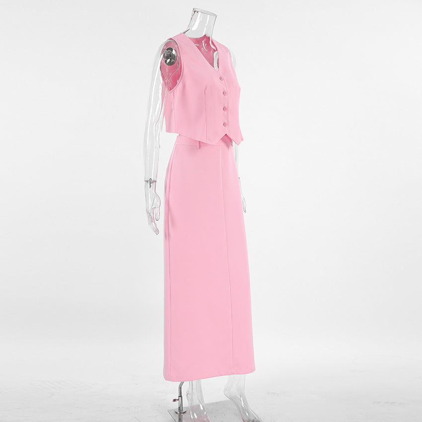 Pink Suit Waistcoat And Skirt Set-Mesadic