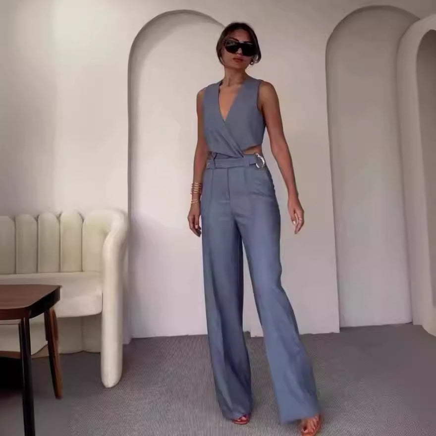 Women's Fashion Cross Slim Sleeveless Vest High Waist Wide Leg Pants Suit-CALLISTARI