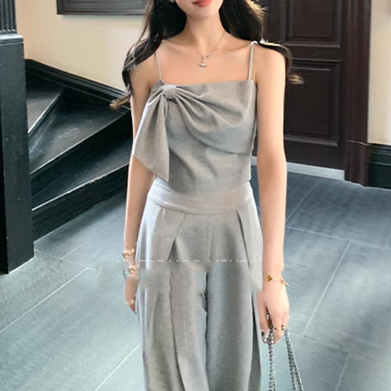 Women's Bow Suspenders Top Wide Leg Pants Suit-CALLISTARI