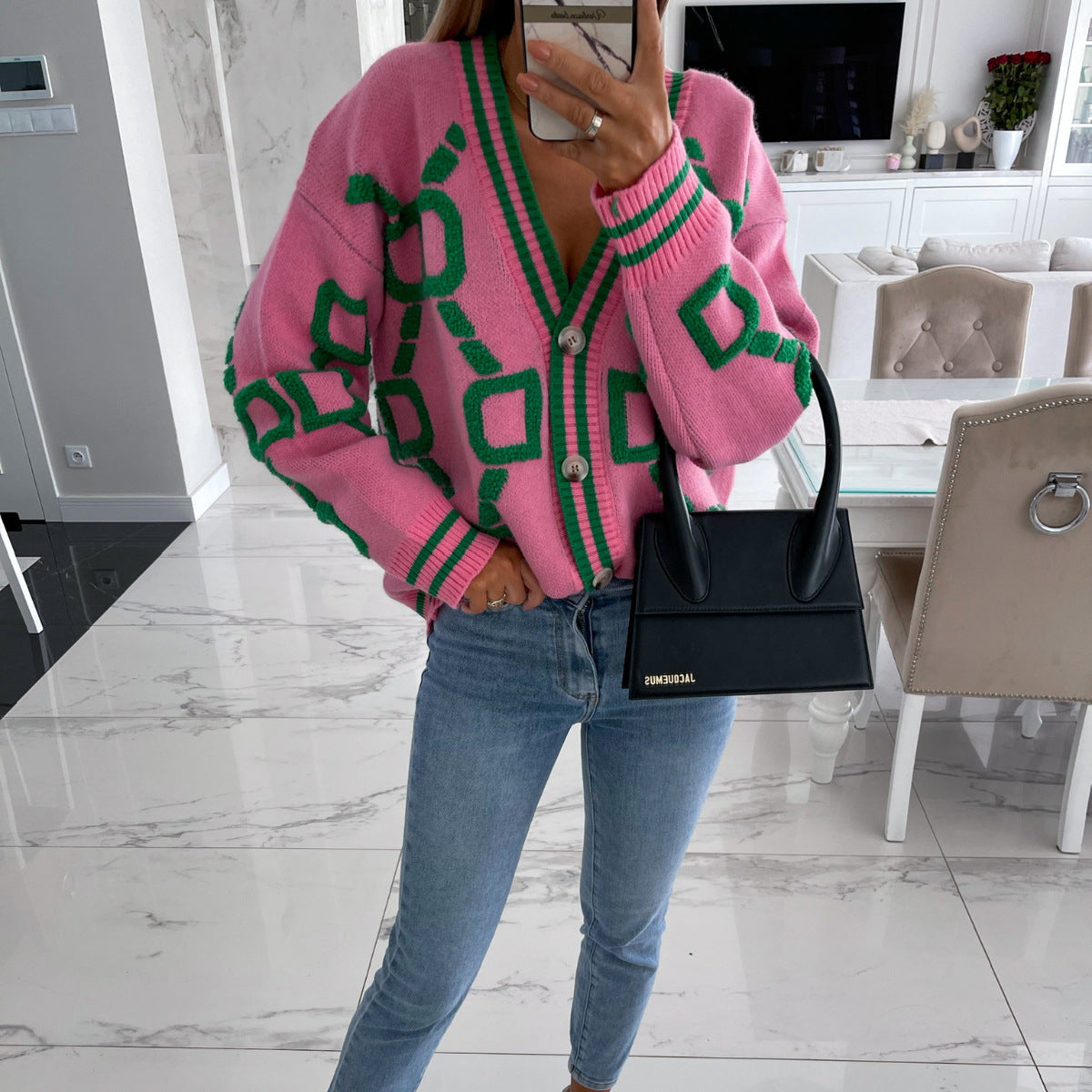 V-Neck Casual Color Contrast Knit Cardigan-CALLISTARI