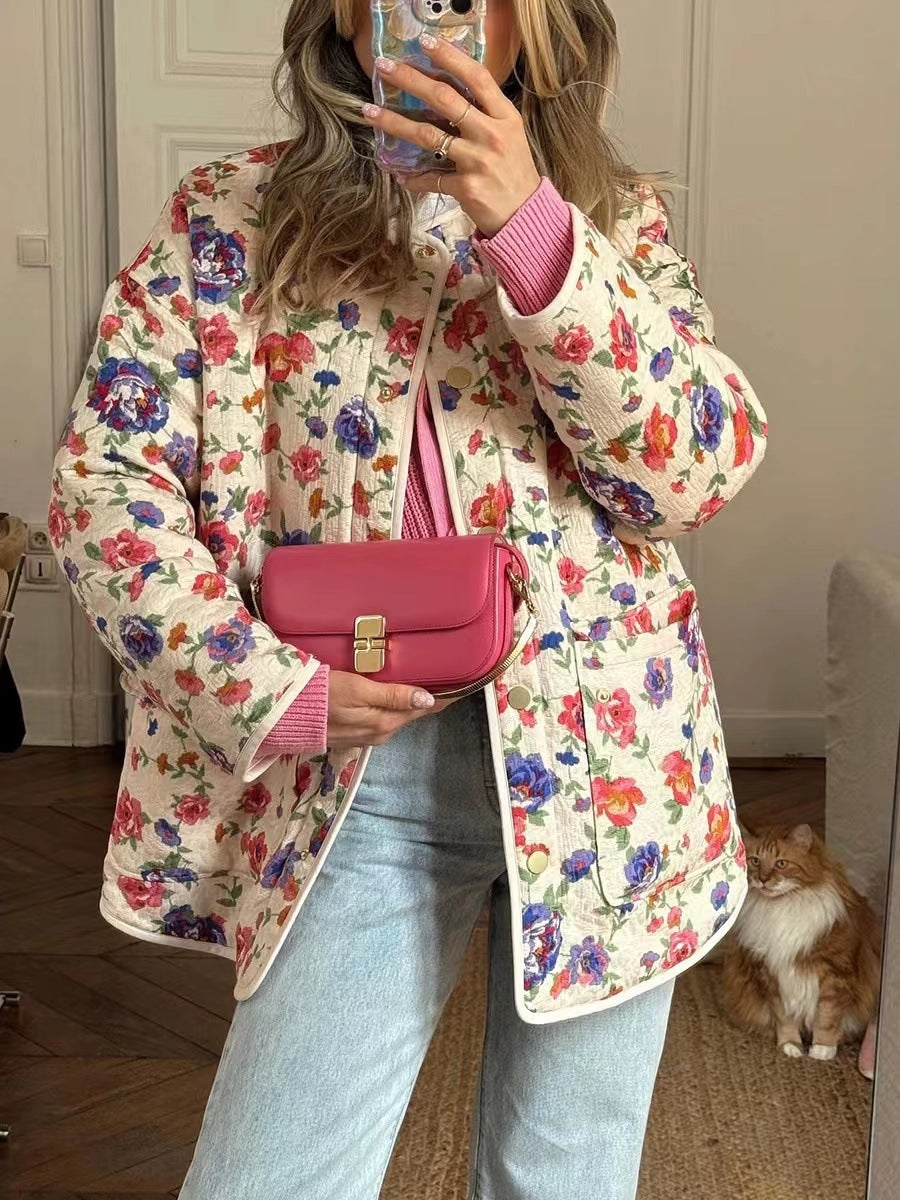 Floral Print Embossed Pockets Cotton Jacket-CALLISTARI