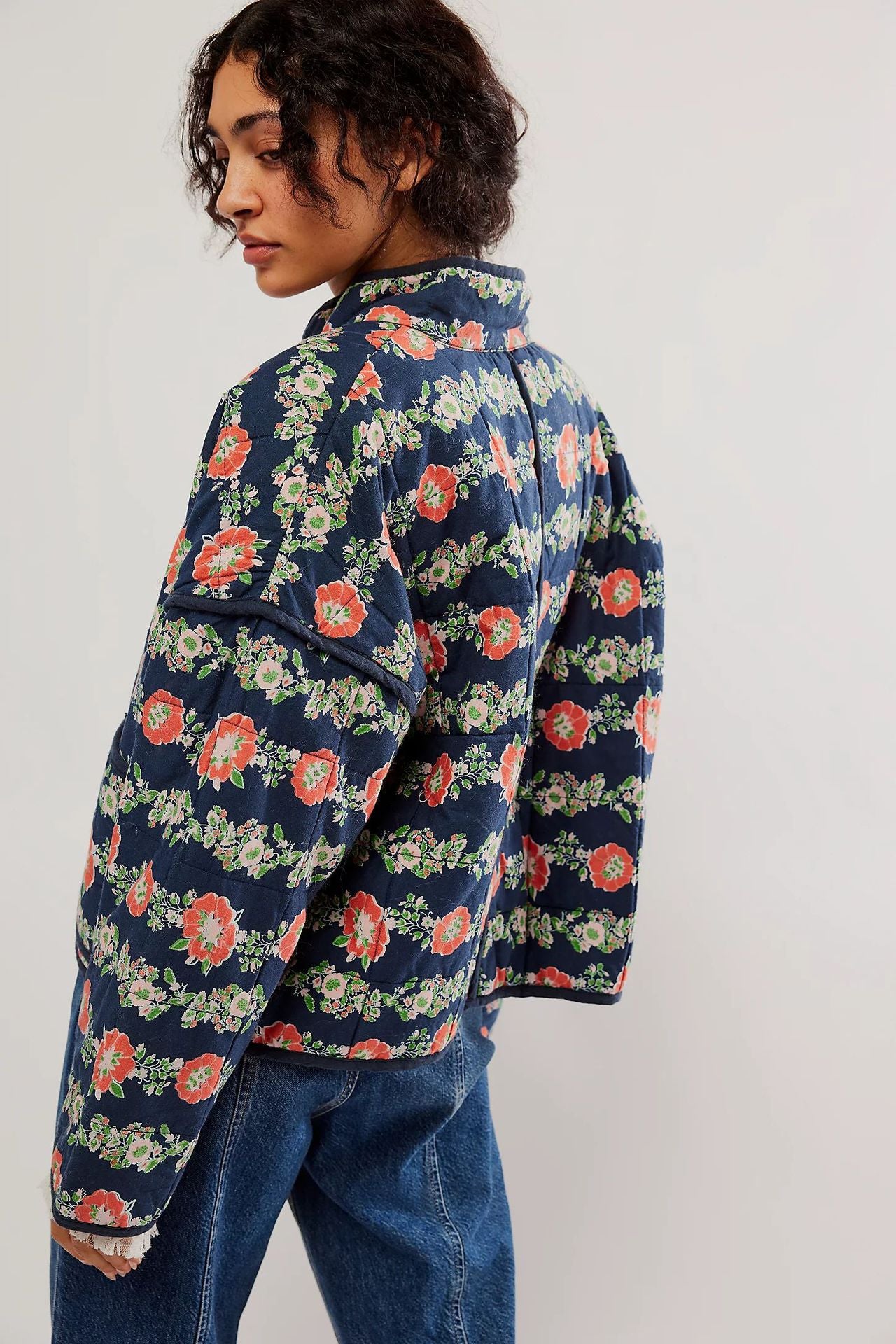 Flower Print Pocket Clip Cotton Drop Shoulder Jacket-CALLISTARI