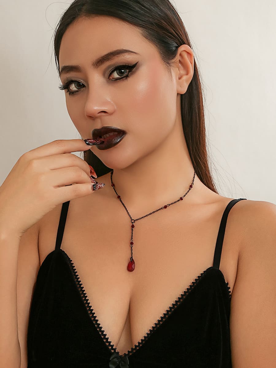 Gothic Black Teardrop Crystal Chest Chain Necklace-CALLISTARI