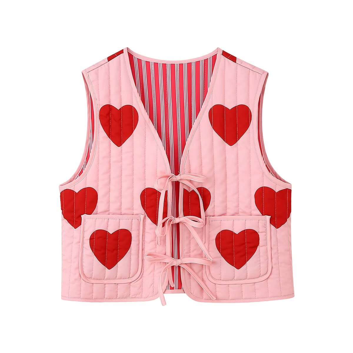 Heart Print Sleeveless Pink Bow V-neck Waistcoat-CALLISTARI