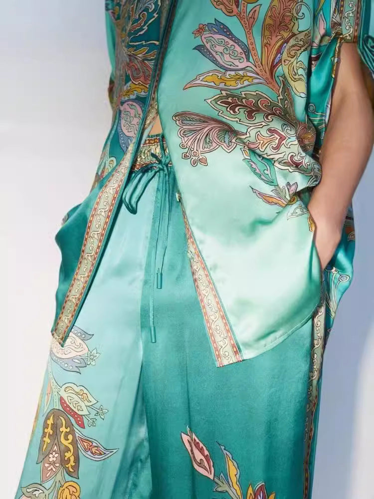 Satin Floral Print Shirt & Pants Set-Mesadic