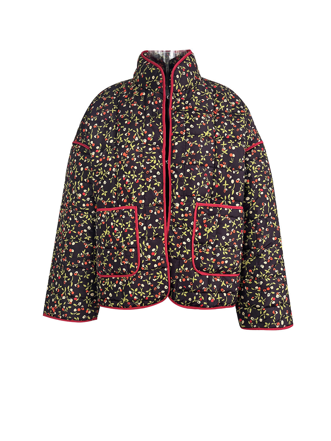 Flower Print Pocket Clip Cotton Drop Shoulder Jacket-CALLISTARI