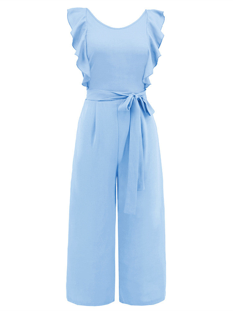 Ruffle Detail Belted Culotte Midi Straight Jumpsuit-CALLISTARI