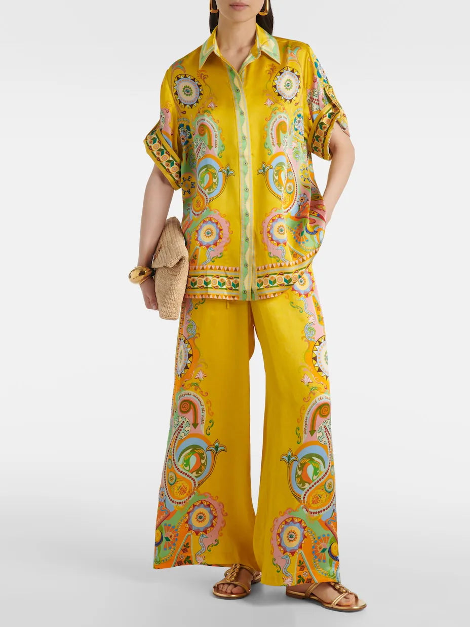 Sophisticated Satin Unique Cashew FlowPrint Button Oversized Pants Set-CALLISTARI