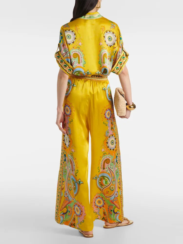 Sophisticated Satin Unique Cashew FlowPrint Button Oversized Pants Set-CALLISTARI