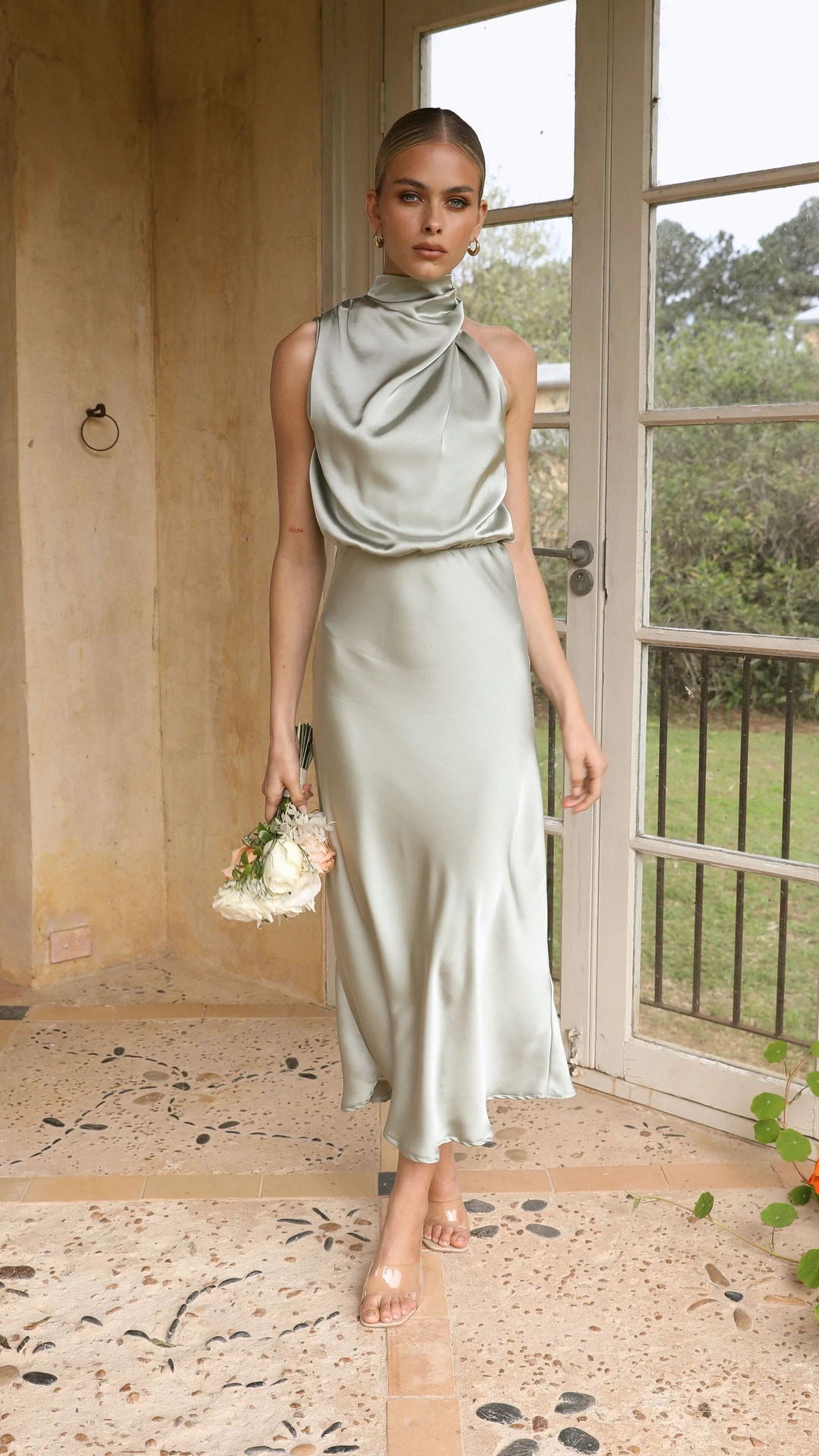 Curve Satin Ruched Halter Neck Maxi Dress In Orchid-CALLISTARI