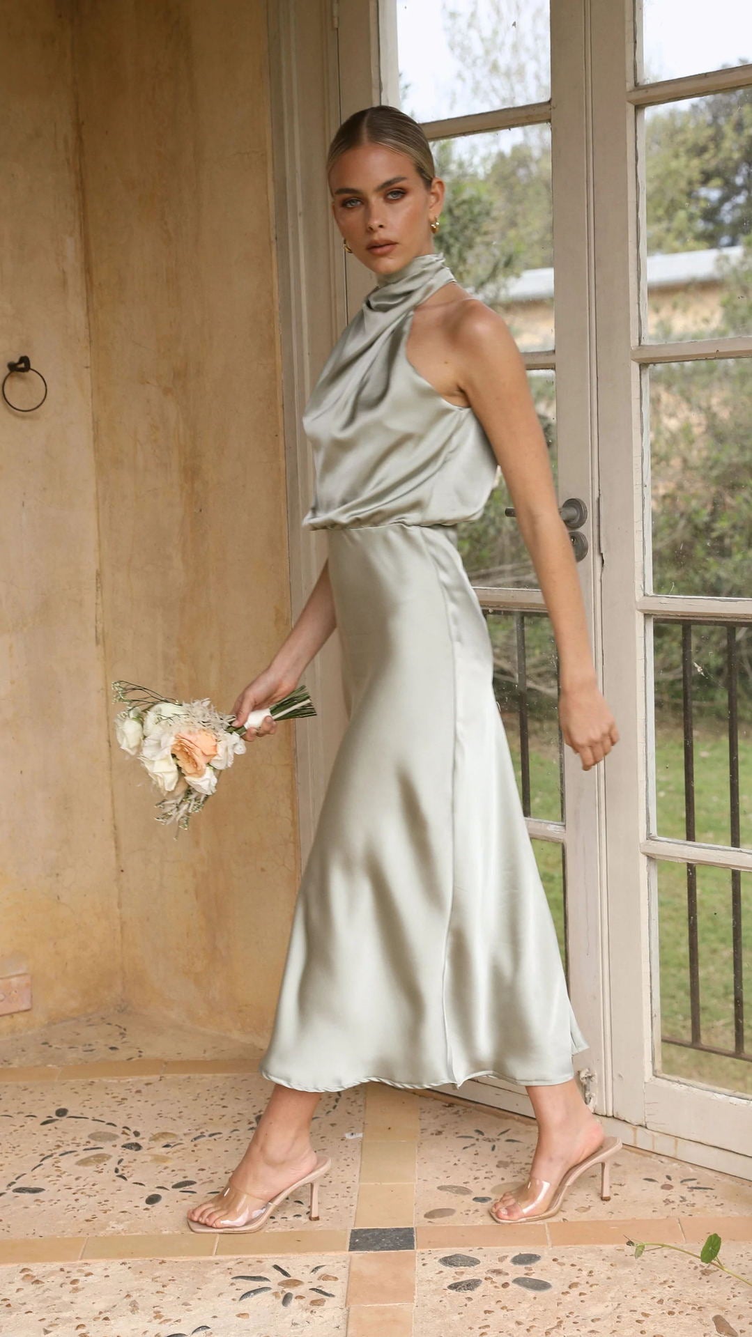 Curve Satin Ruched Halter Neck Maxi Dress In Orchid-CALLISTARI
