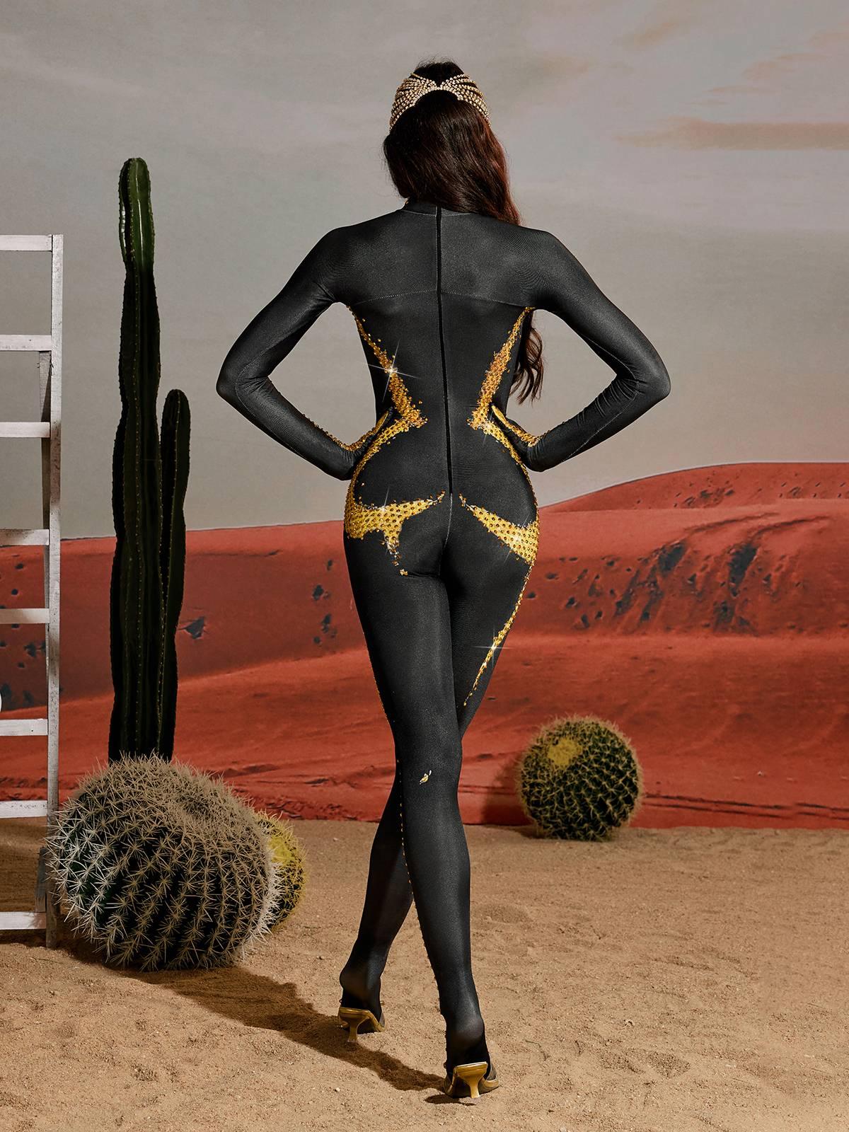 Radek Body Printed Rhinestone Gloves Jumpsuit In Gold - Mew Mews