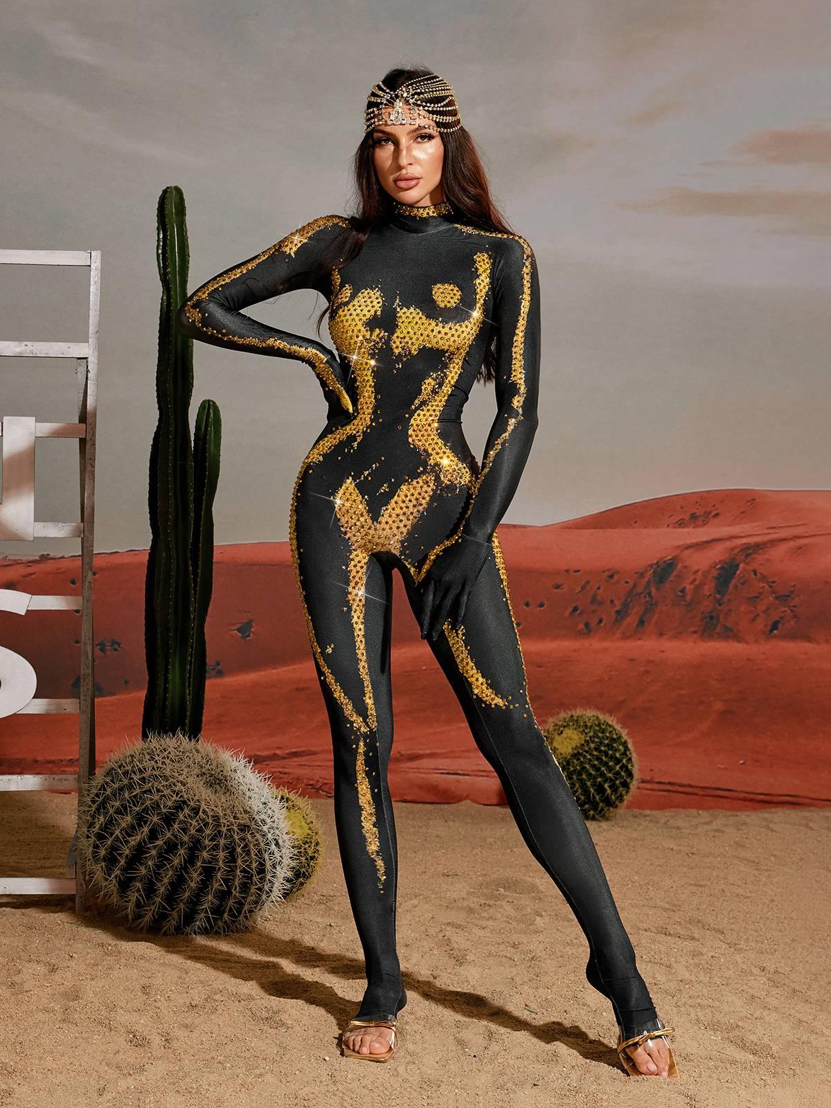 Radek Body Printed Rhinestone Gloves Jumpsuit In Gold - Mew Mews