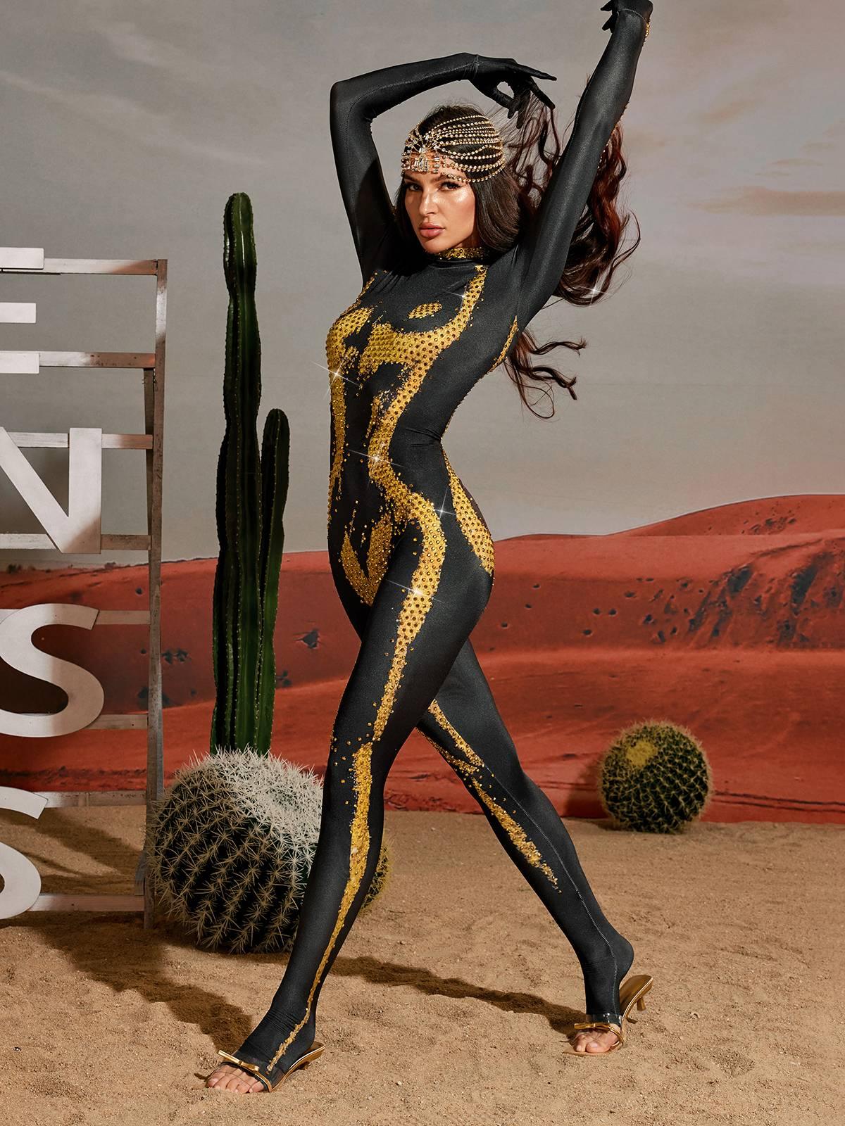 Radek Body Printed Rhinestone Gloves Jumpsuit In Gold - Mew Mews