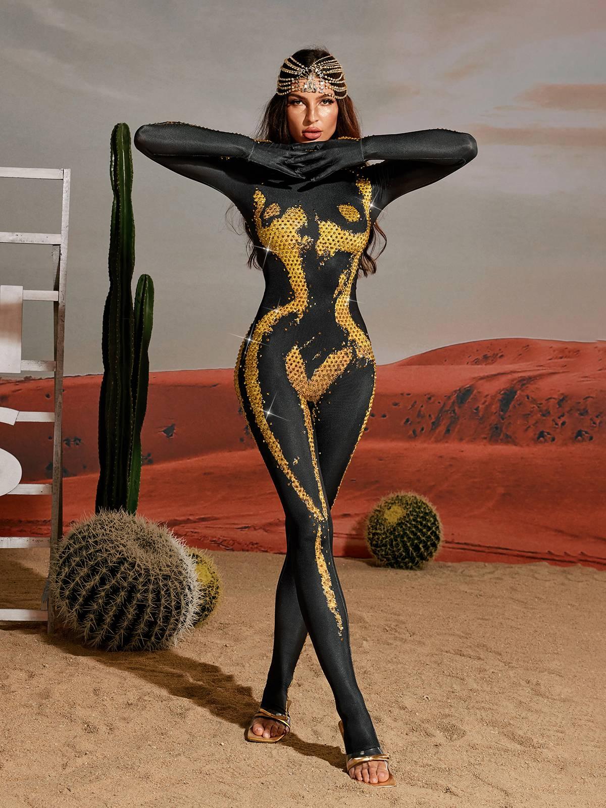 Radek Body Printed Rhinestone Gloves Jumpsuit In Gold - Mew Mews