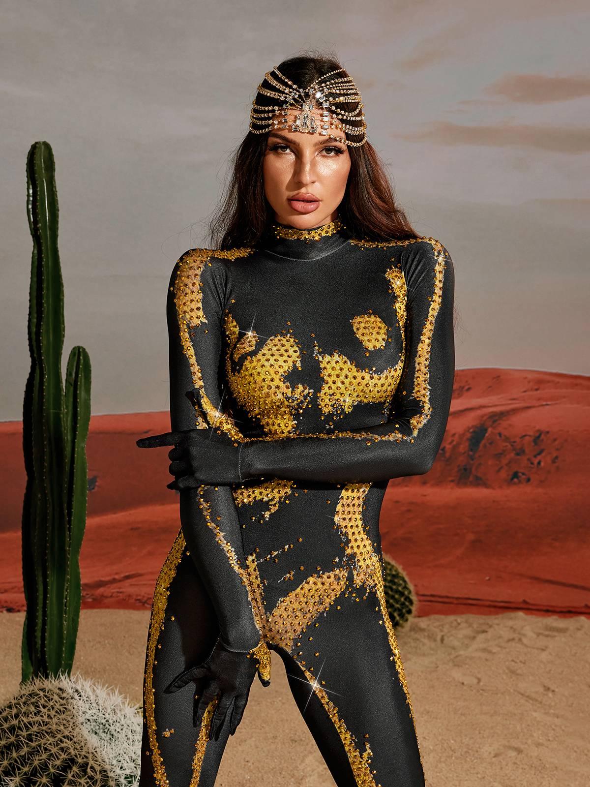 Radek Body Printed Rhinestone Gloves Jumpsuit In Gold - Mew Mews