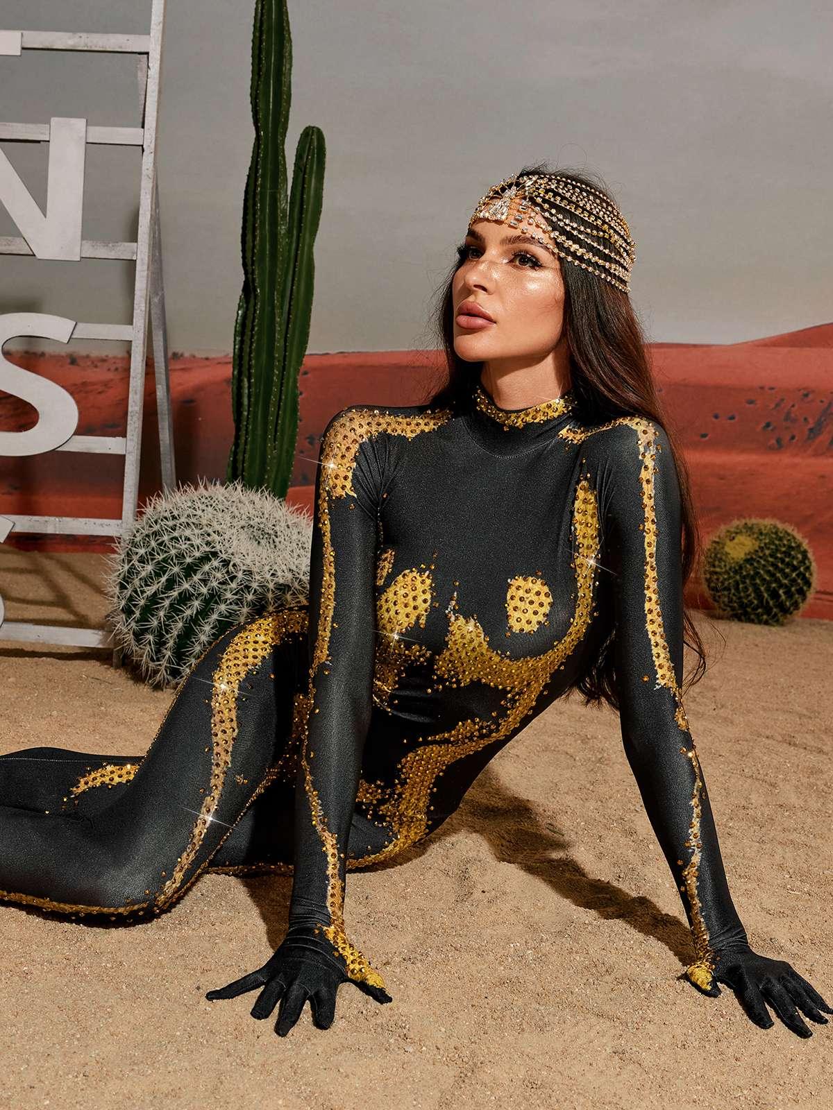 Radek Body Printed Rhinestone Gloves Jumpsuit In Gold - Mew Mews