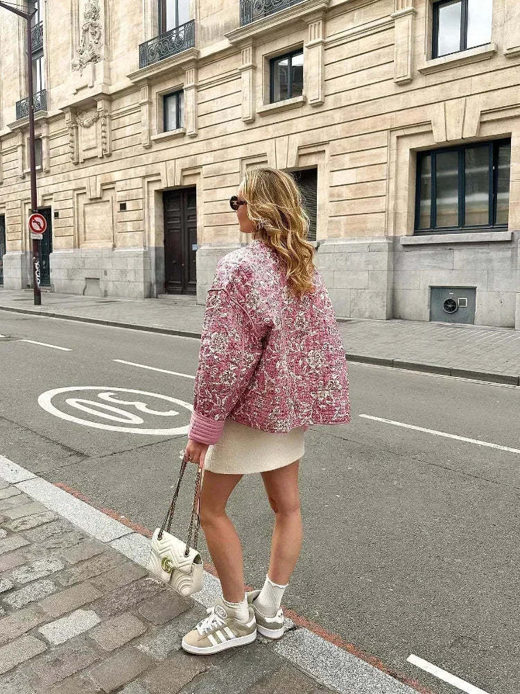 Street Retro Floral Print Style Quilted Jacket-CALLISTARI