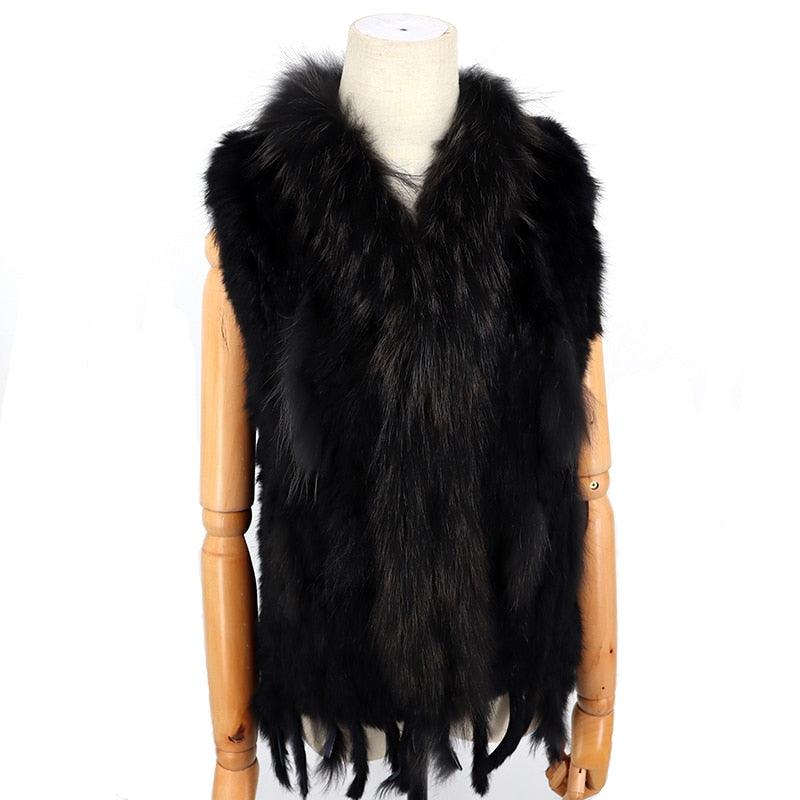 Sleeveless Vest with Fur Tassel and Natural Collar for High-End Women-CALLISTARI