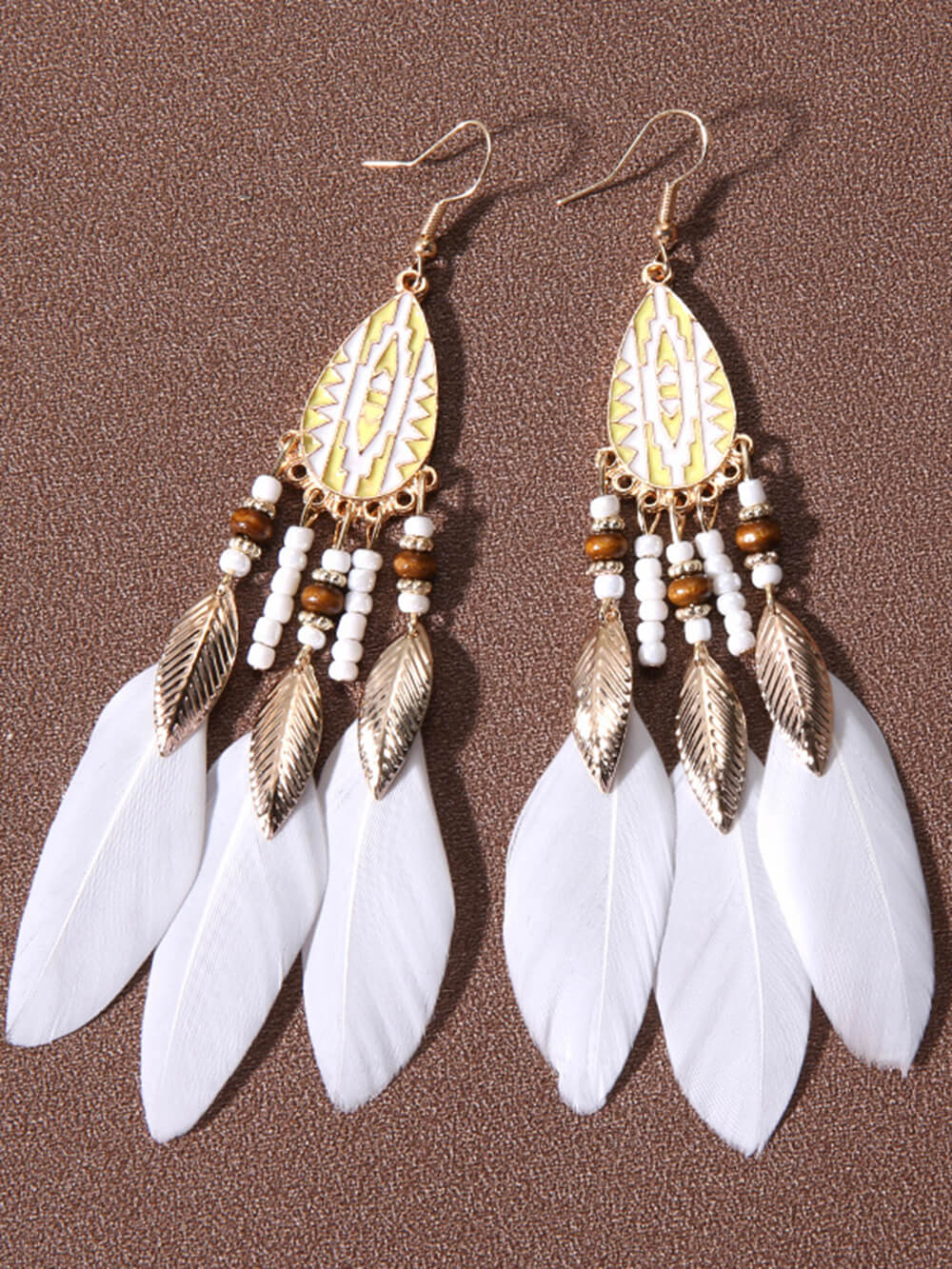 Bohemian Rice Beads Holiday Droplet Tassel Feather Earrings-CALLISTARI
